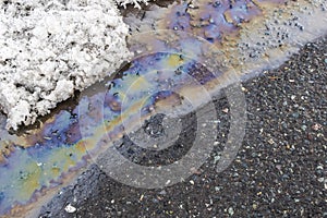 Gasoline spot the river flows along the snow on asphalt abstraction environment