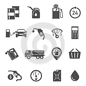 Gasoline station items, refueling equipment glyph icons set