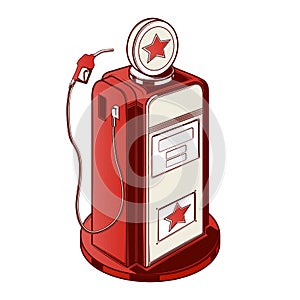 Gasoline station pump isolated on a white background. Color line art. Retro design.