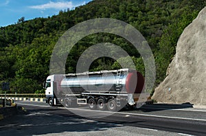 Gasoline tanker, Oil trailer, truck on highway. Truck to transport fuel