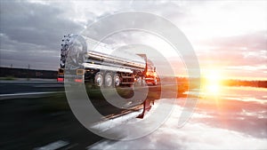 Gasoline tanker, Oil trailer, truck on highway. Very fast driving. 3d rendering.