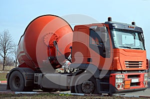 Gasoline tanker red fuel tank. Oil trailer, truck on road
