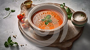 Gaspacho soup on round wooden tray over white marble tabletop. Generative AI