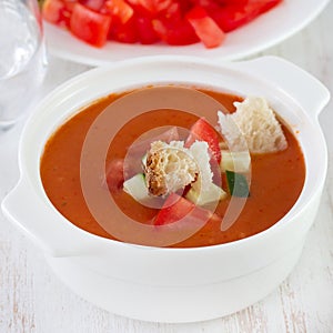 Gaspacho in white bowl