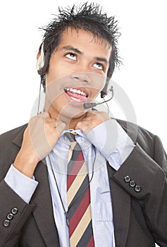 Gasping telemarketer loosening collar