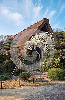 Gassho style house in Higashiyama Zoo and Botanical Garden in the evening light. Nagoya. Japan