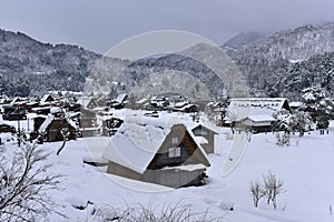 Gassho-zukuri style houses at Shirakawa-go in winter, a UNESCO world heritage site in Gifu in Japan