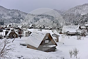Gassho-zukuri style houses at Shirakawa-go in winter, a UNESCO world heritage site in Japan