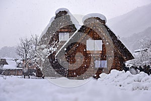 Gassho-zukuri style houses at Shirakawa-go in winter, a UNESCO world heritage site in Japan