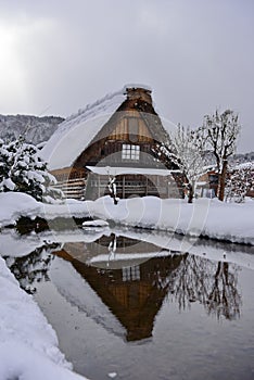 Gassho-zukuri style houses at Shirakawa-go in winter, a UNESCO world heritage site in Japan