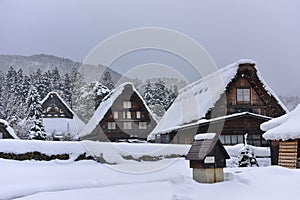 Gassho-zukuri style houses at Shirakawa-go in winter, a UNESCO world heritage site in Japan