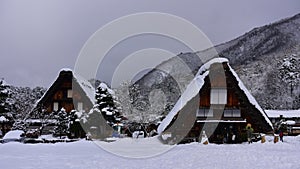 Gassho-zukuri style houses at Shirakawa-go in winter, a UNESCO world heritage site in Japan