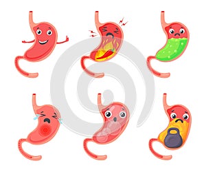 Gastric bloating. Cartoon stomach problem, esophageal abdomen ache ulcer indigestion diarrhea heartburn medical concept