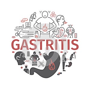 Gastritis banner. Heartburn, Symptoms, Treatment. Line icons set. Vector signs for web graphics. photo