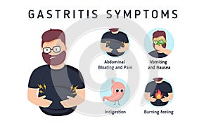 Gastritis symptoms infographic. Digestive system disease signs. Vomiting and abdominal pain, nausea and burning feeling photo