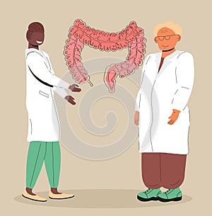 Gastroenterologists research intestine. Gastritis, stomach ulcer illustration. Intestine, stomach doctor examine, treat