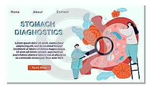 Gastroenterology Landing Page Template.Doctor Character Stand on Ladder at Huge Stomach. Medic Study Stomachache Causes