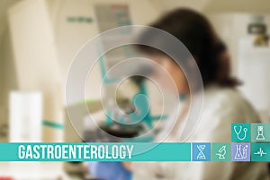 Gastroenterology medical concept image with icons and doctors on background