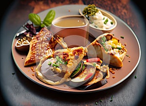 Delicious food with curry sauce - generative AI photo