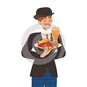 Gastronomic Tourism with Man Character Holding Authentic English Dish with Beer and Fish and Chips Vector Illustration