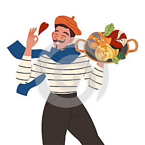 Gastronomic Tourism with Moustached Man Character Holding Authentic French Dish with Escargot Vector Illustration