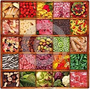 Gastronomy collage in wooden board background