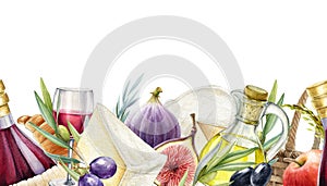 Gastronomy mediterranean seamless border. Cheese, wine, fig, olive, grapes endless decoration. Watercolor illustration