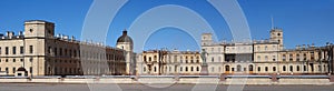 Gatchina Palace. Russia. Panoramic view of the Palace Square and the main entrance and the left wing of the palace with