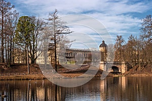 Gatchina Palace. View of the Palace and Karpin bridge from the White Lake.