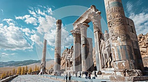 Gate of All Nations, Persepolis Iran, with ancient statues and tourists