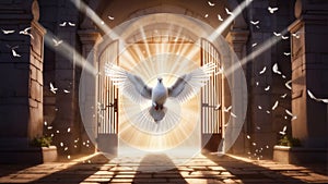 Gate with beams of light coming through it and white dove, conceptual illustraion for divine spirit
