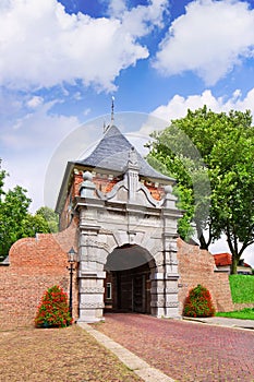 Gate in brick ancient city wall, Veerpoort, Schoonhoven, Netherlands