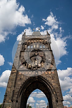 At the gate of Charles Bridge Prague Castle and river Vltava Prague Czech Republic