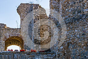 Gate in the courtyard of Cachtice Castle. Cachtice Castle was the seat Elizabeth Batory