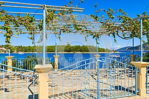 Gate and fence of traditional Greek house with vine growing on terrace in Fiskardo village, Kefalonia island, Greece