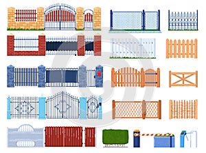 Gate and fence vector illustration set, cartoon flat wooden or stone brick structures collection for fenced garden
