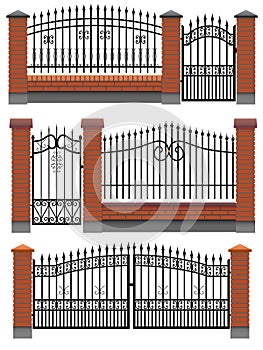 Gate, fences with bricks and metal lattice.