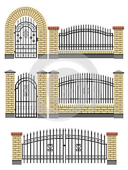 Gate, fences with bricks and metal lattice.