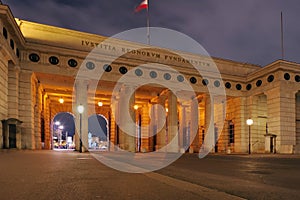 The gate into Heldenplatz (Heroes Square), at night - landmark attraction in Vienna, Austria