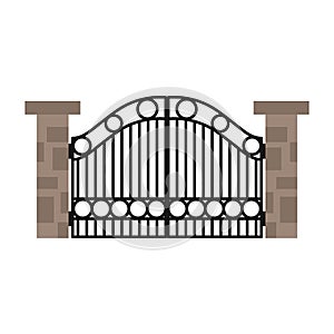 Gate with iron fence door and metal cartoon manor decoration. Front entrance from ironwork grid vector illustration. Old lattice