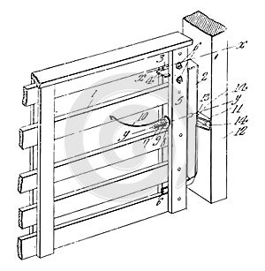 Gate Latch is s device for holding a door Lock vintage engraving