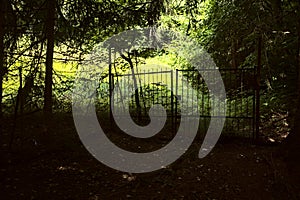 Gate left in disuse in the shade next to a field in the mountain