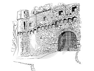 Gate of medieval castle graphical drawing
