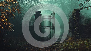 A gate is open in a forest