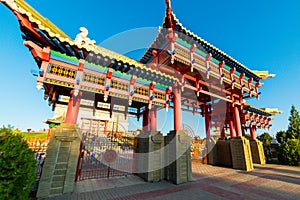 Gate to the Buddhist temple. Om mani padme hum