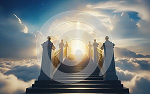 gate to heaven in the clouds, sunlight at the end of the path