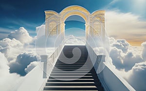 gate to heaven in the clouds, sunlight at the end of the path