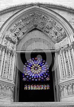 Saint Denis Cathedral Gate to South Transept and Beautiful Stained-Glass Windows, Paris, France photo