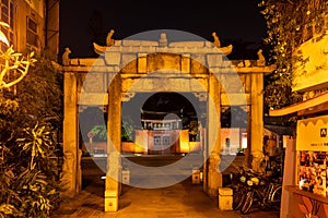 A gate to a temple in Tainan at night in Taiwan.