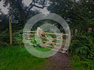 A Gate to a Woodland path though a ancient  thoroughfare Devon uk photo